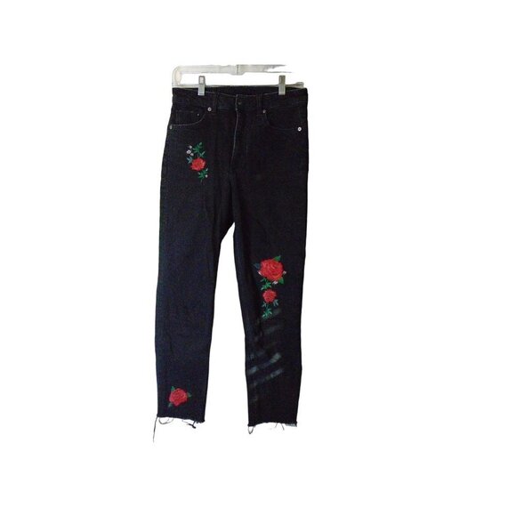 Divided Black Skinny Jeans Embroidered red roses Raw Hem Black Jean Women - Picture 1 of 6